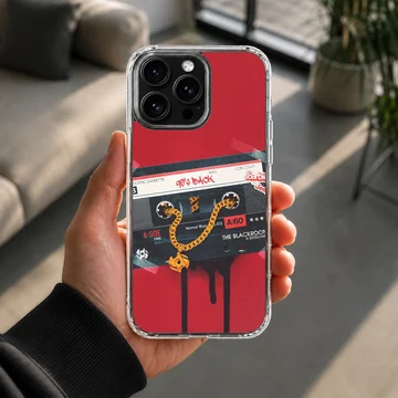 Retro cassette tape graphic with a gold chain on a red background phone case — Lifestyle