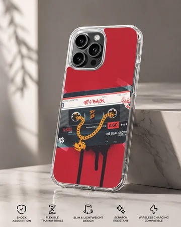 Retro cassette tape graphic with a gold chain on a red background phone case — Specs