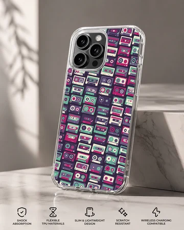 Retro cassette tape pattern illustration on a phone case — Specs