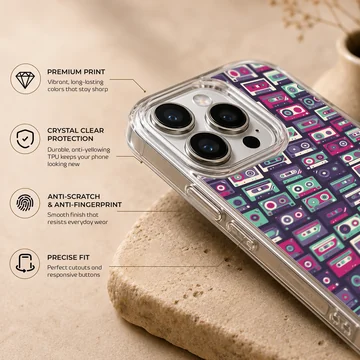 Retro cassette tape pattern illustration on a phone case — Info