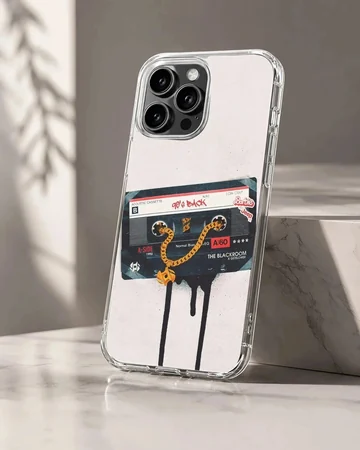 Vintage cassette tape graphic with a gold chain dripping onto a white background phone case