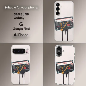 Vintage cassette tape graphic with a gold chain dripping onto a white background phone case — Collage