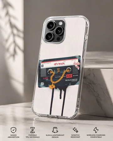 Vintage cassette tape graphic with a gold chain dripping onto a white background phone case — Specs