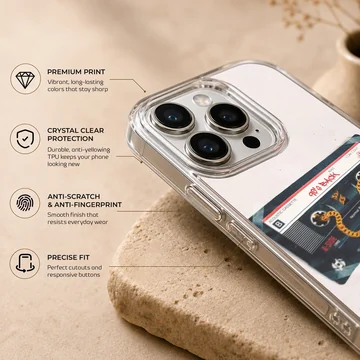 Vintage cassette tape graphic with a gold chain dripping onto a white background phone case — Info