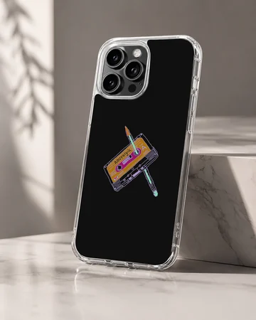 Digital illustration of an old-school cassette tape pierced with a pencil on a black phone case — Hero