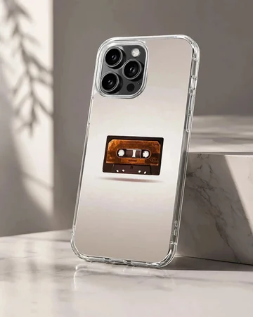 Close-up of a vintage brown cassette tape graphic centered on a phone case