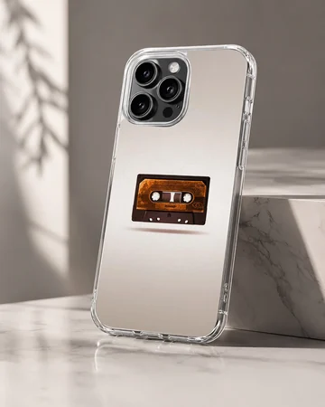 Close-up of a vintage brown cassette tape graphic centered on a phone case — Hero