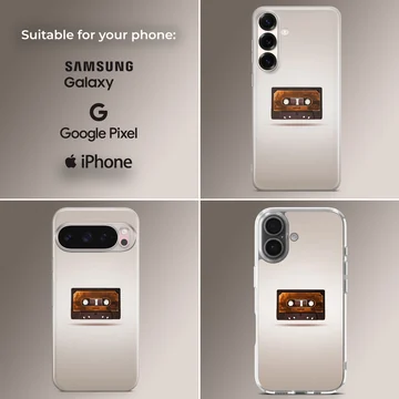 Close-up of a vintage brown cassette tape graphic centered on a phone case — Collage