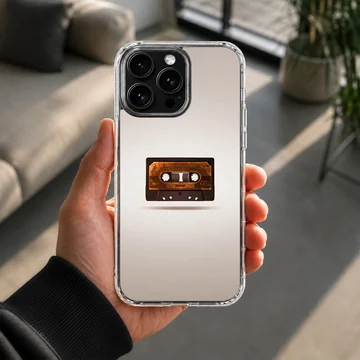 Close-up of a vintage brown cassette tape graphic centered on a phone case — Lifestyle
