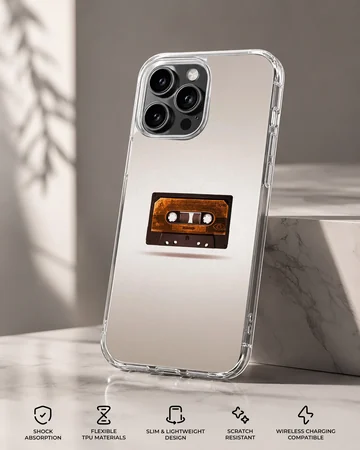Close-up of a vintage brown cassette tape graphic centered on a phone case — Specs