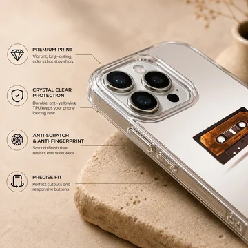 Close-up of a vintage brown cassette tape graphic centered on a phone case — Info