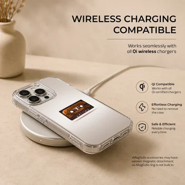 Close-up of a vintage brown cassette tape graphic centered on a phone case — Charging