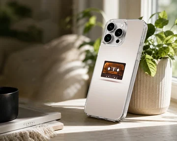 Close-up of a vintage brown cassette tape graphic centered on a phone case — Lifestyle