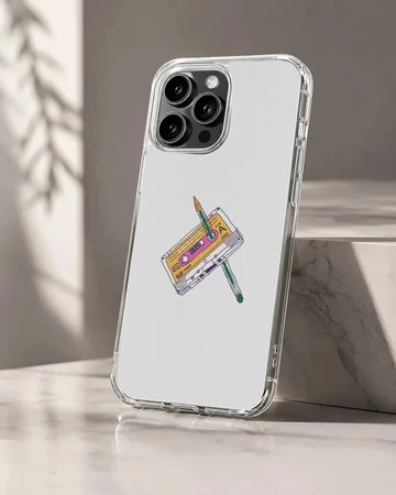 Retro cassette tape and pencil illustration on a matte phone case