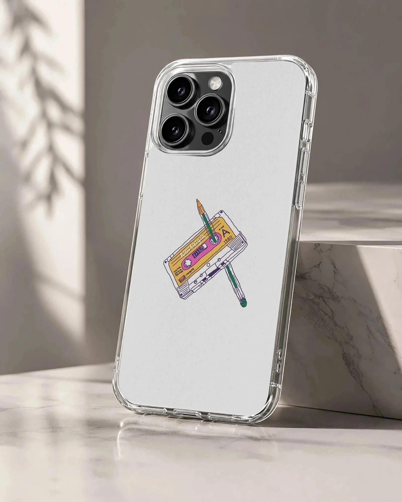 Retro cassette tape and pencil illustration on a matte phone case
