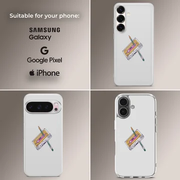 Retro cassette tape and pencil illustration on a matte phone case — Collage