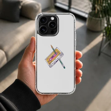 Retro cassette tape and pencil illustration on a matte phone case — Lifestyle