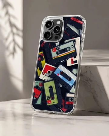 A collage of colorful vintage cassette tapes printed on a matte phone case.