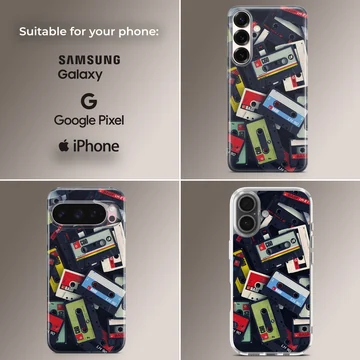 A collage of colorful vintage cassette tapes printed on a matte phone case. — Collage