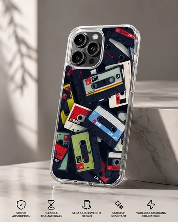 A collage of colorful vintage cassette tapes printed on a matte phone case. — Specs