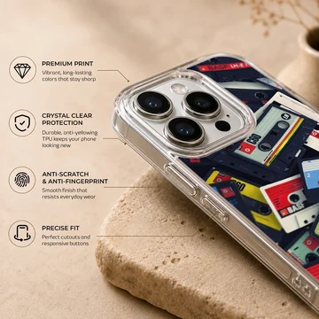 A collage of colorful vintage cassette tapes printed on a matte phone case. — Info