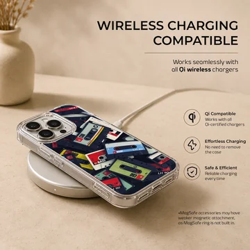 A collage of colorful vintage cassette tapes printed on a matte phone case. — Charging