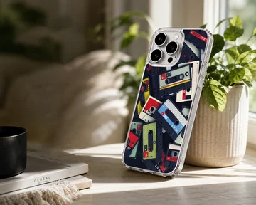 A collage of colorful vintage cassette tapes printed on a matte phone case. — Lifestyle