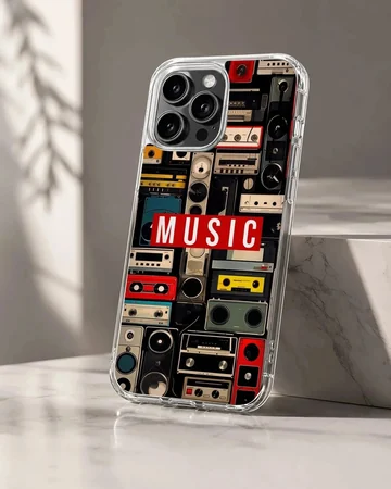 A collage of vintage cassette tapes and boomboxes with a bold red music label printed on a phone case