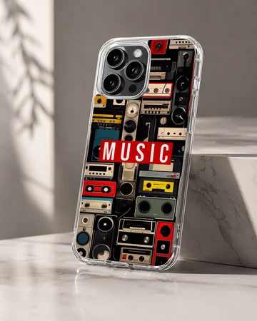 A collage of vintage cassette tapes and boomboxes with a bold red music label printed on a phone case — Hero