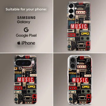 A collage of vintage cassette tapes and boomboxes with a bold red music label printed on a phone case — Collage