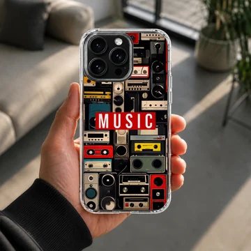 A collage of vintage cassette tapes and boomboxes with a bold red music label printed on a phone case — Lifestyle