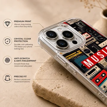 A collage of vintage cassette tapes and boomboxes with a bold red music label printed on a phone case — Info