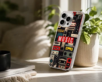 A collage of vintage cassette tapes and boomboxes with a bold red music label printed on a phone case — Lifestyle