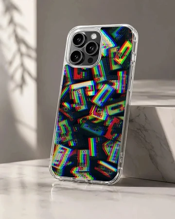 Colorful retro cassette tapes arranged in a glitch art pattern on a protective phone case