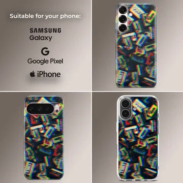 Colorful retro cassette tapes arranged in a glitch art pattern on a protective phone case — Collage