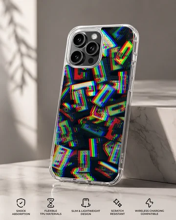 Colorful retro cassette tapes arranged in a glitch art pattern on a protective phone case — Specs