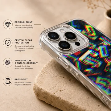 Colorful retro cassette tapes arranged in a glitch art pattern on a protective phone case — Info