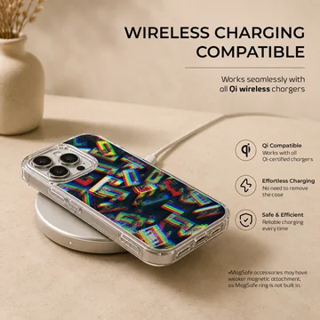 Colorful retro cassette tapes arranged in a glitch art pattern on a protective phone case — Charging