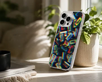 Colorful retro cassette tapes arranged in a glitch art pattern on a protective phone case — Lifestyle