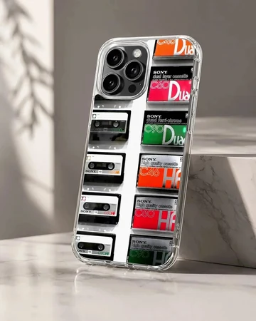 A soft TPU snap phone case printed with a collage of vintage audio cassette tapes.
