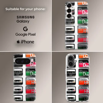 A soft TPU snap phone case printed with a collage of vintage audio cassette tapes. — Collage