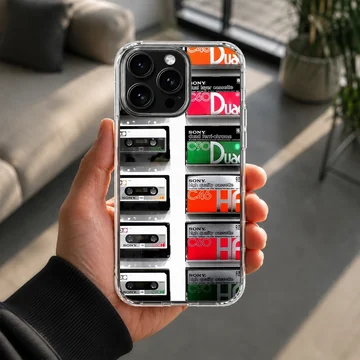 A soft TPU snap phone case printed with a collage of vintage audio cassette tapes. — Lifestyle