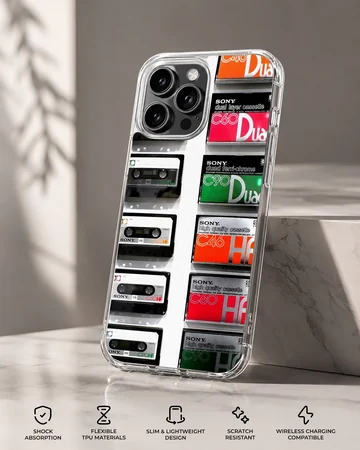 A soft TPU snap phone case printed with a collage of vintage audio cassette tapes. — Specs