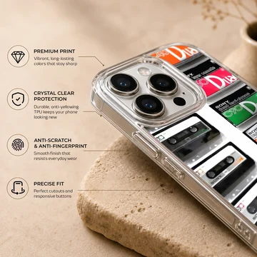 A soft TPU snap phone case printed with a collage of vintage audio cassette tapes. — Info