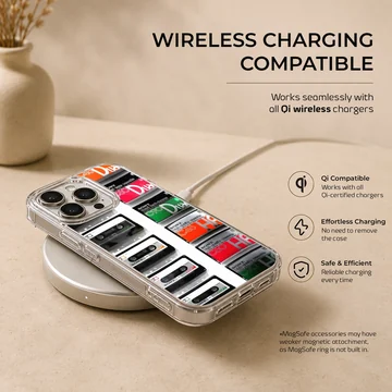 A soft TPU snap phone case printed with a collage of vintage audio cassette tapes. — Charging