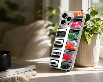 A soft TPU snap phone case printed with a collage of vintage audio cassette tapes. — Lifestyle