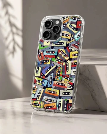 An artistic collage of colorful vintage cassette tapes printed on a matte phone case