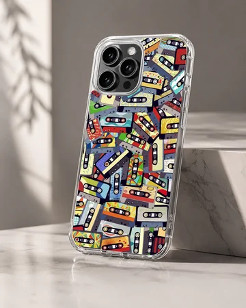 An artistic collage of colorful vintage cassette tapes printed on a matte phone case — Hero