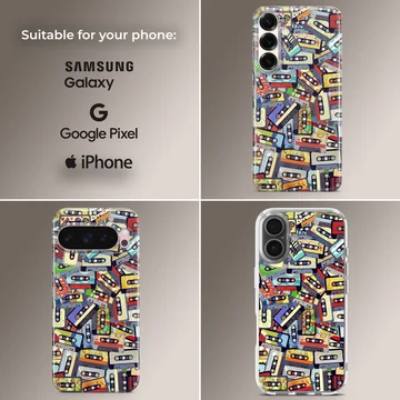 An artistic collage of colorful vintage cassette tapes printed on a matte phone case — Collage