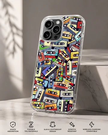 An artistic collage of colorful vintage cassette tapes printed on a matte phone case — Specs